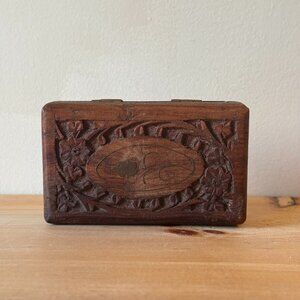 Vintage Hand Carved Indian Rosewood Trinket Box Floral Motif with Brass